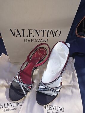 Valentino Garavani Red and Black Crystal Slingback Sandals